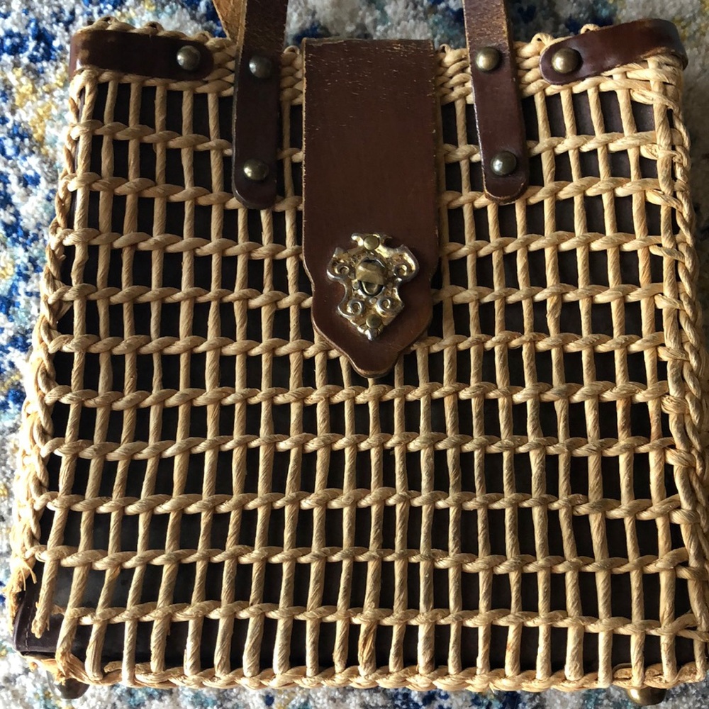 Vintage unique straw top handle bag - Picture 2 of 7